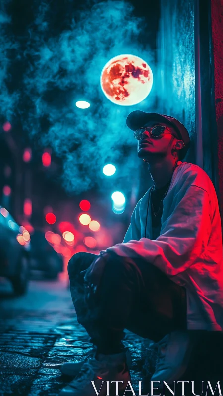 Neon street portrait framed by surreal lunar glow.