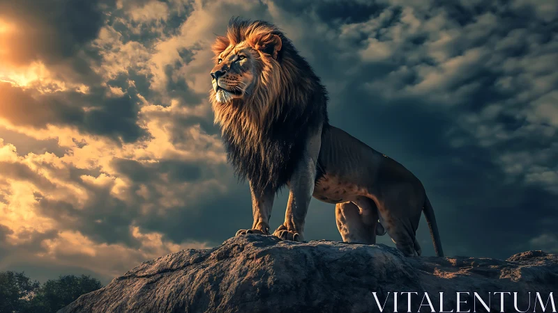 Photorealistic lion portrait on rocky outcrop under storm sky.