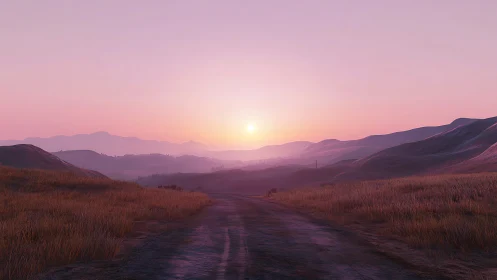 Sunset illuminates distant rolling hills and rural road