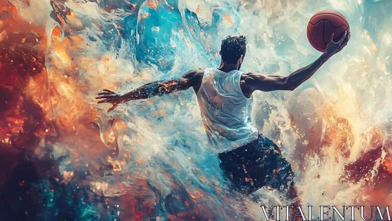 Dynamic basketball player leaping through liquid energy
