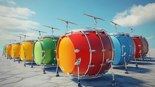 Colorful bass drums align on sunlit stone plaza