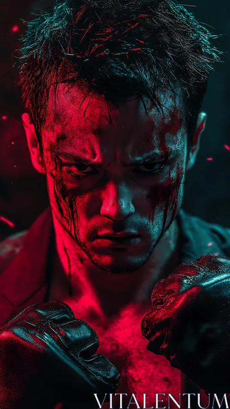 Chromatic combat portrait under asymmetric duel lighting.