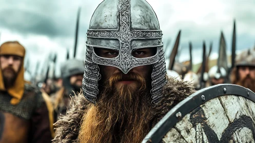 Armored Viking warrior in ornate nasal helmet leads shield wall