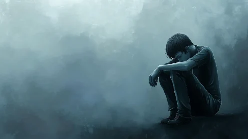 Quietly curled boy rests in a misty blue world of emotion