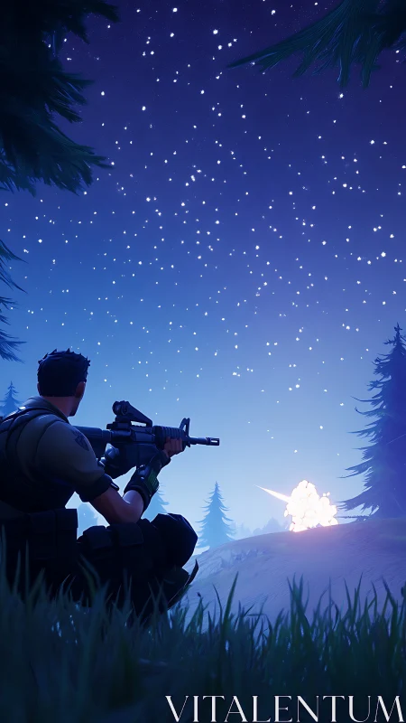 Soldier aims rifle under star-filled midnight forest sky