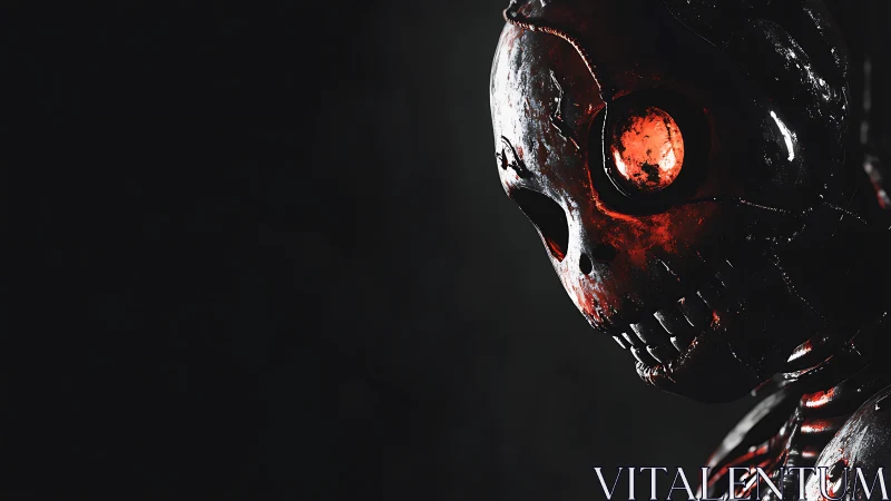 Chrome skeletal android portrait with burning red optics.