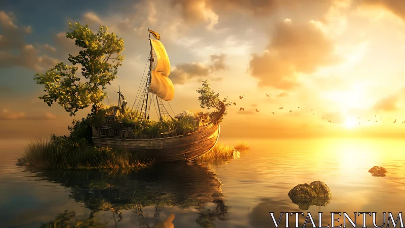 Sailing vessel with golden sails anchored in shallow water at sunset.