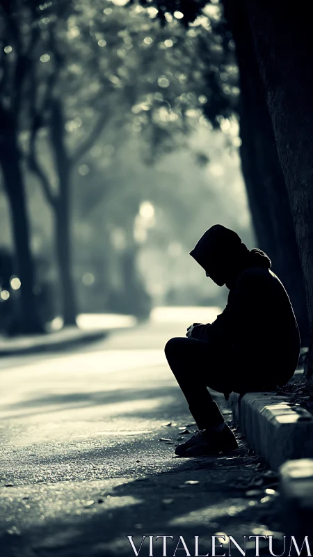 Solitary hooded figure sitting on curb in quiet street.
