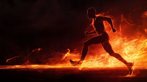 Fiery runner sprinting through glowing trails of light.