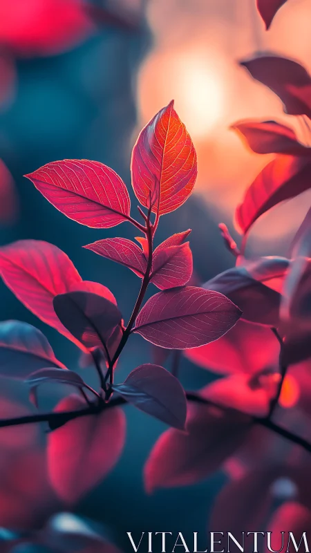 Red leaves stand against blurred blue background at sunset