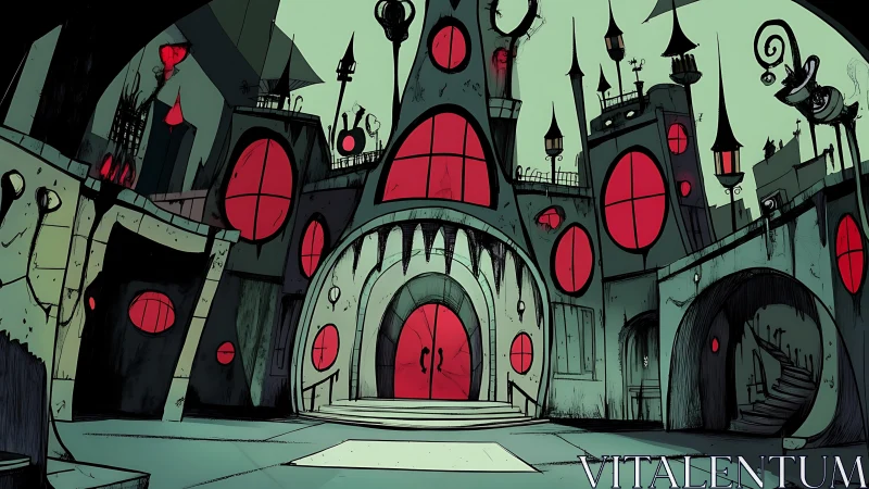 Gothic courtyard with red windowed fortress facade at night.