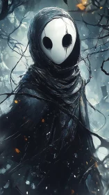 Digital painting of masked wraith in wintry tangled thicket.