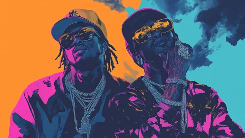 Chromatic vector portrait of dual hip-hop figures in neon light.