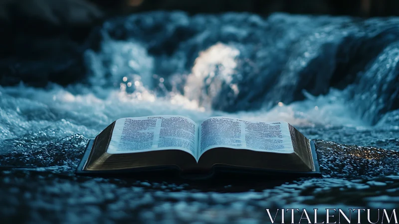 Open Bible rests in flowing river, evoking calm reflection