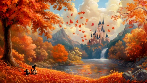 Autumn castle daydream beside a bright, leaf-tossed river.