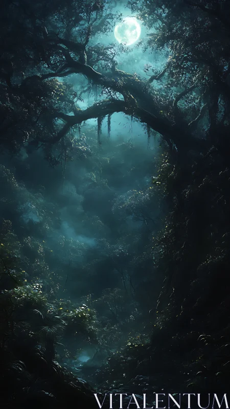 Moonlit jungle canopy frames misty nocturnal ravine