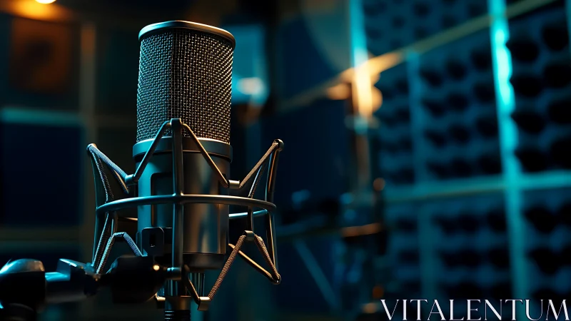 Studio condenser microphone in shock mount under moody teal light