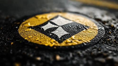 Macro closeup of wet yellow road emblem with water droplets