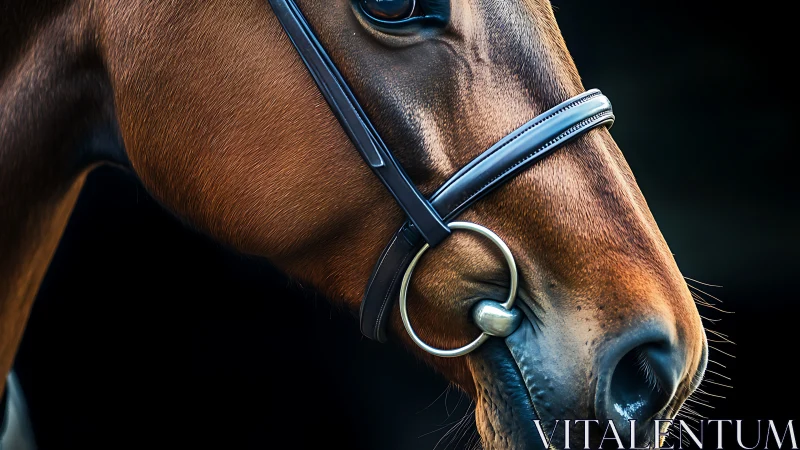 Horse head close-up shows bridle detail and coat texture clearly