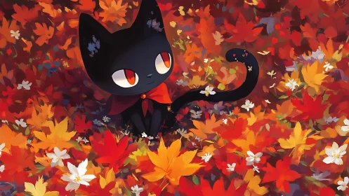 Black cartoon cat on autumn foliage with scattered flowers.