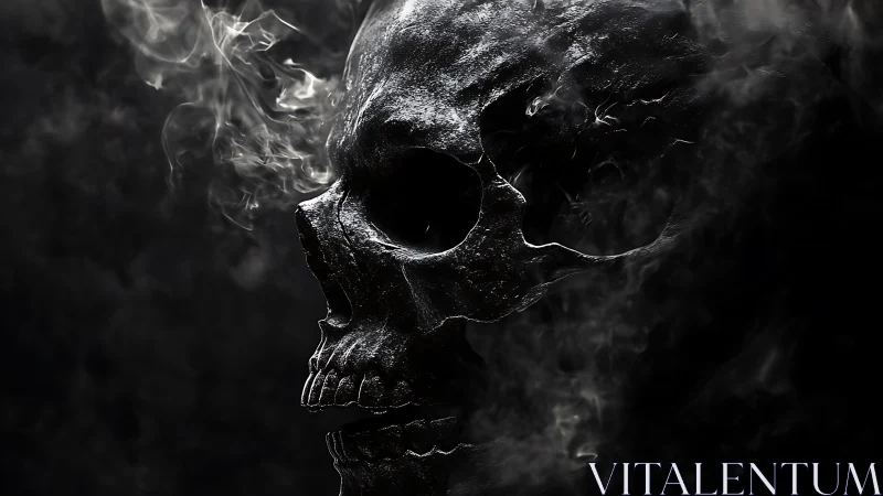 Smoke-shrouded skull emerges from darkness in stark profile.