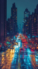 Night city avenue with wet street reflections and traffic.