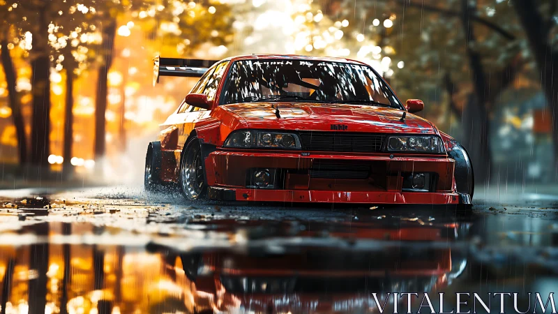 3D wide-body drift car in rain-soaked autumn boulevard scene.