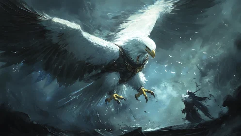 Armored war-eagle descending in storm-laden fantasy sky.