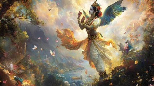 Winged divine figure over luminous river landscape.