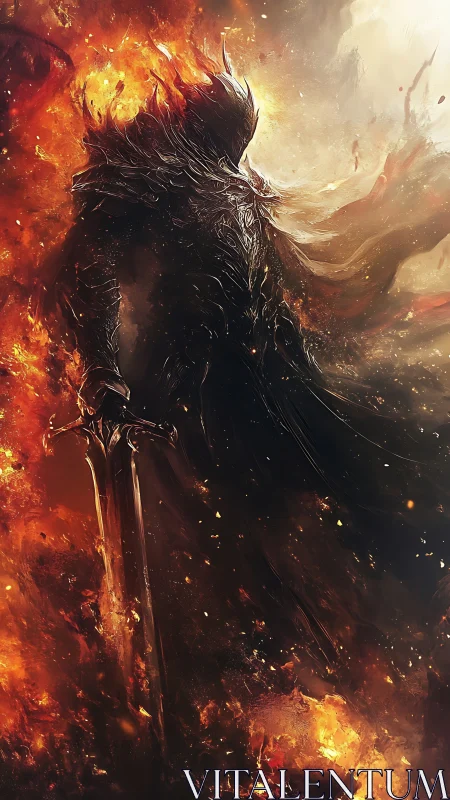 Infernal bladebearer emerging from swirling molten firestorm.