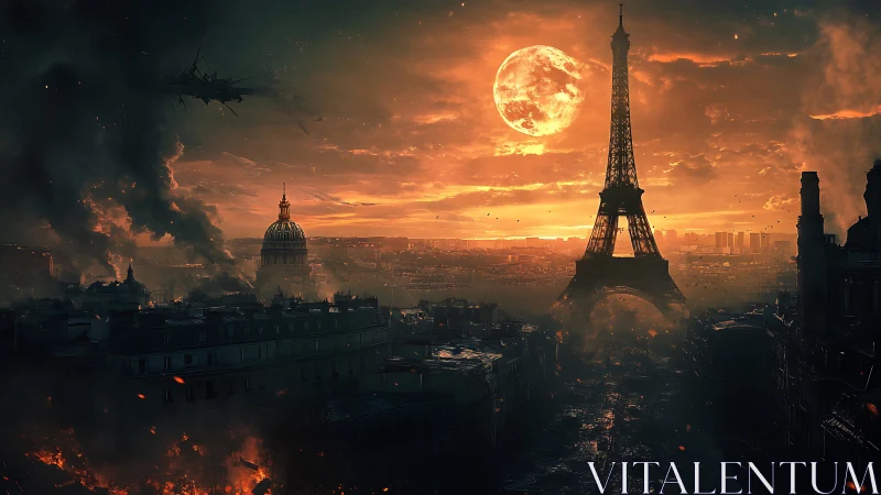 Post-apocalyptic Paris skyline under burning orange sky.