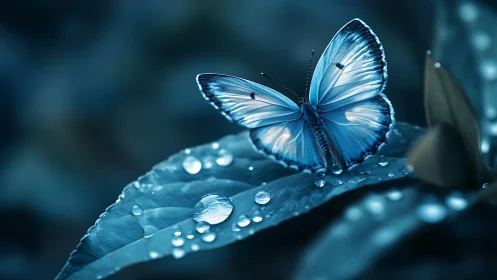 Blue butterfly on wet leaf in cool monochrome light.