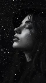 Side profile woman in snowfall, monochrome portrait study.
