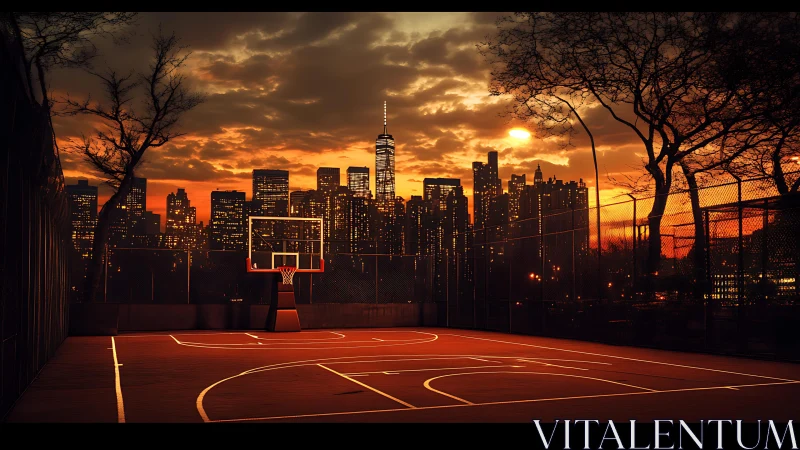 Outdoor basketball court sits empty before glowing city skyline