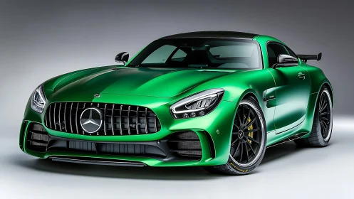 Emerald green Mercedes AMG coupe in studio-front angle view.