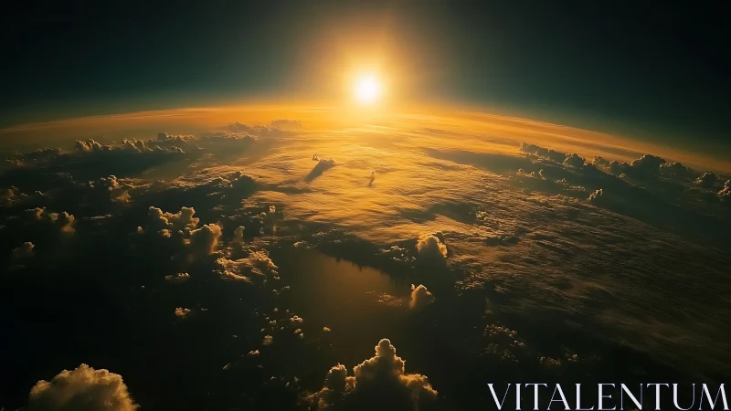 Orbital sunrise bathing cloud tops in molten gold light.