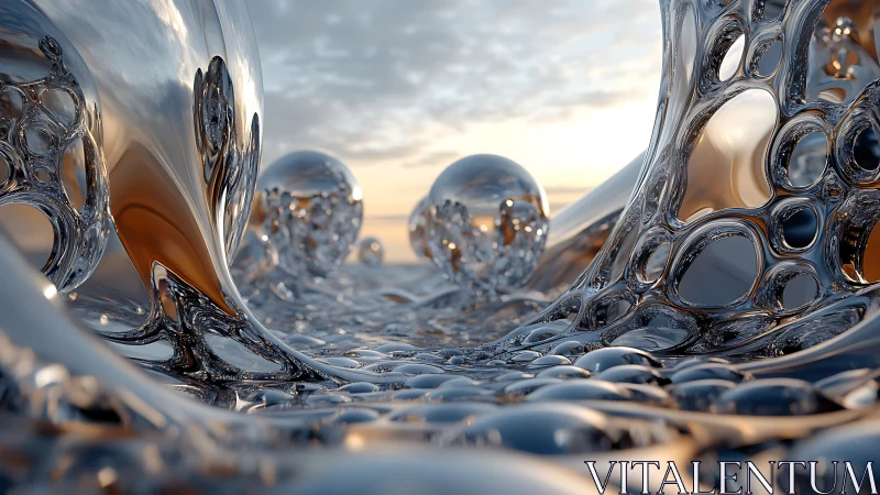 Liquid chrome spheres in flowing reflective sci-fi landscape.