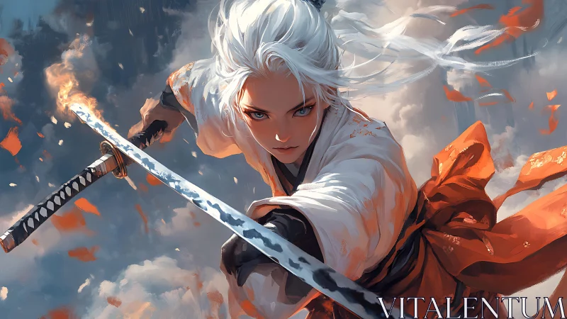 White-haired swordswoman lunges forward with dual katanas drawn