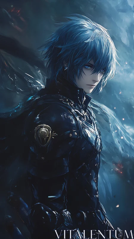 Blue haired guardian in dark armor beneath ethereal light.