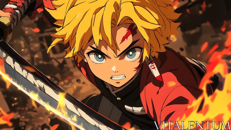 Blond anime swordsman charges through wildfire fury in battle.