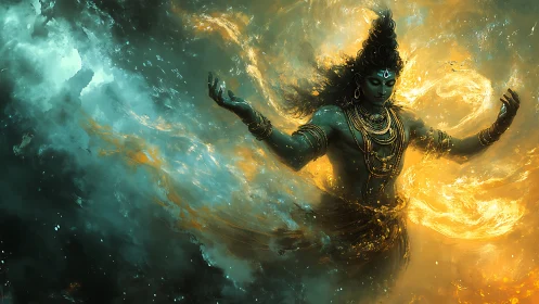 Mythic deity conjures swirling teal and golden cosmic fire.