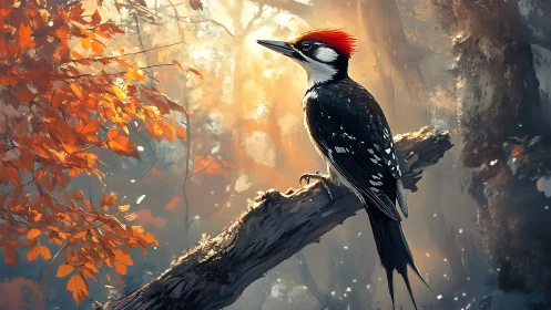 Majestic woodpecker on branch in autumn forest, digital painting.
