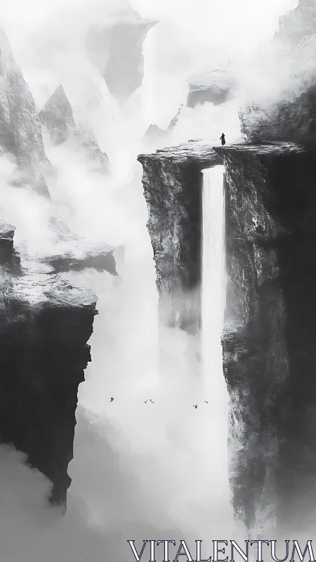 Solitary figure on cliff above vertical waterfall in mist.