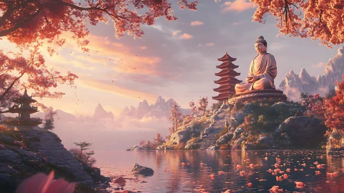 Serene lakeside Buddha under soft pink autumn skies.