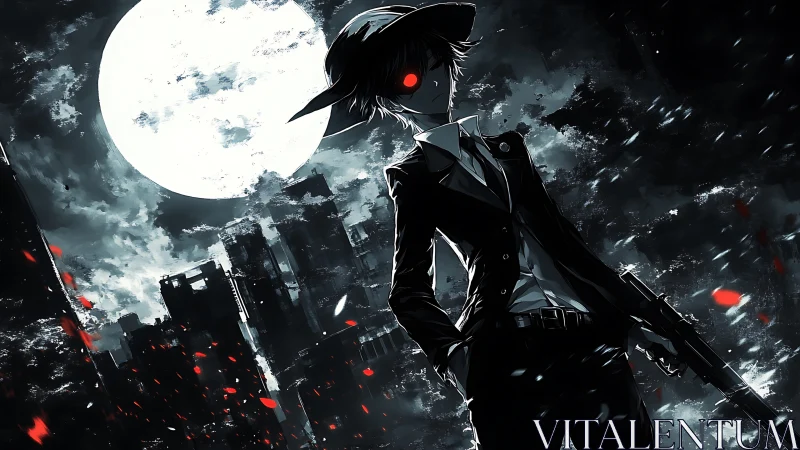 Red-eyed figure in suit with gun under full moon.
