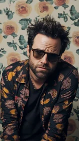Stylish bearded man in floral shirt before soft rose backdrop.