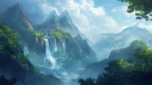 Mountain landscape shows tiered waterfalls amid dense foliage