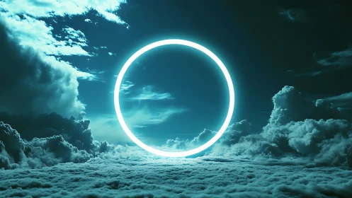 Luminous circular portal hovers above volumetric cloudscape at night