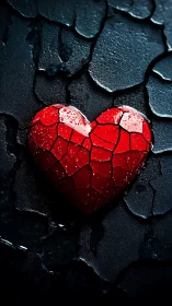 Red heart cracked against dark stone texture background