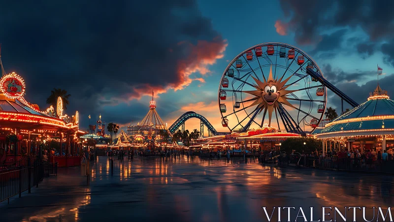 Twilight carnival glow over a joyful boardwalk wonderland.